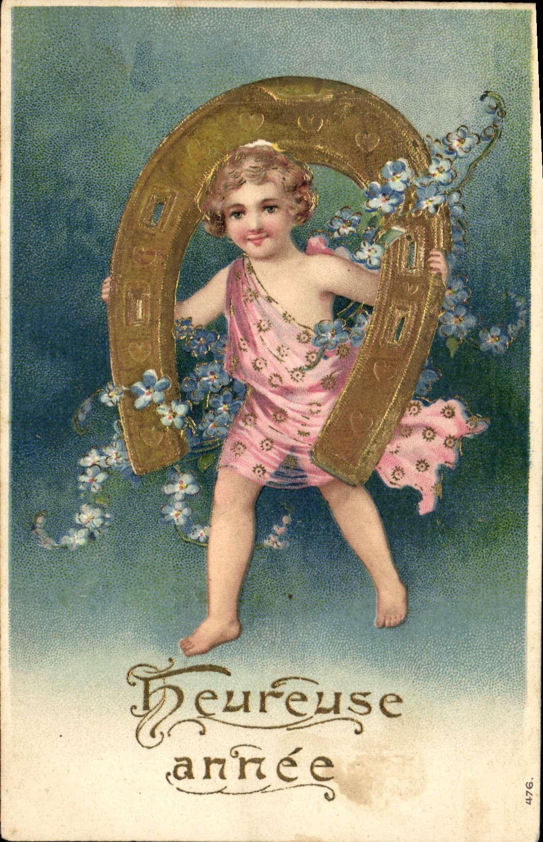 Vintage Postcard Fantaisie Flowers Child Horseshoe