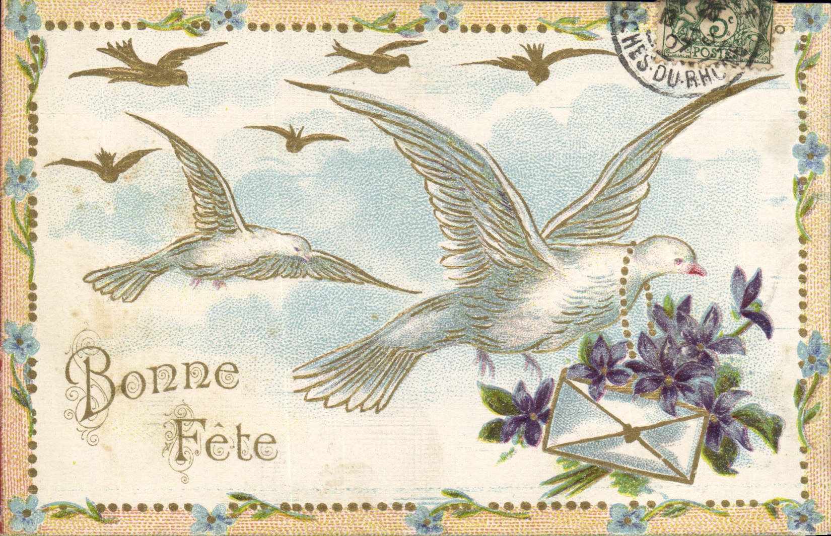 Vintage Postcard Fantasy Flowers Doves Good festival