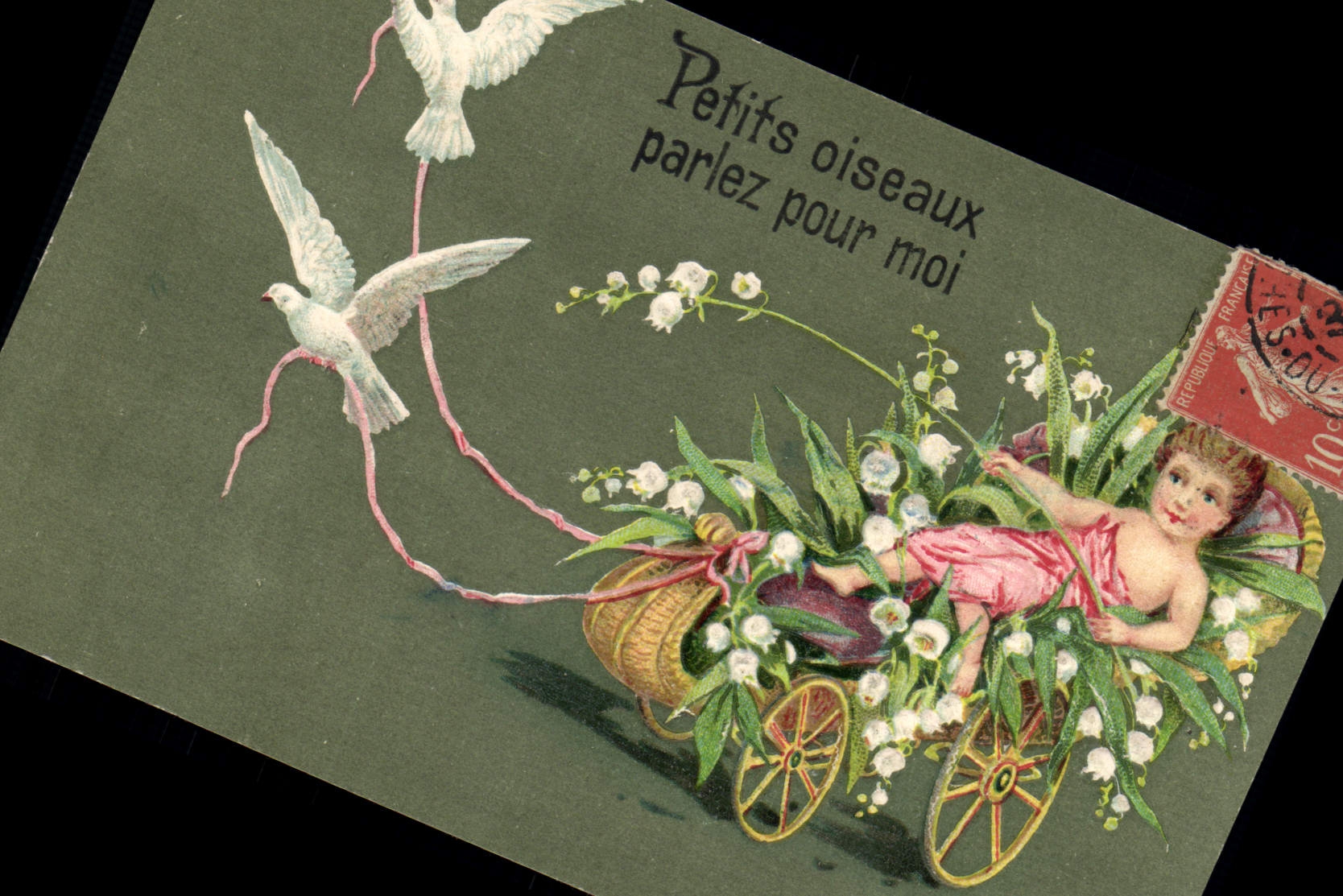 Vintage Postcard Fantasy Flowers Child Doves