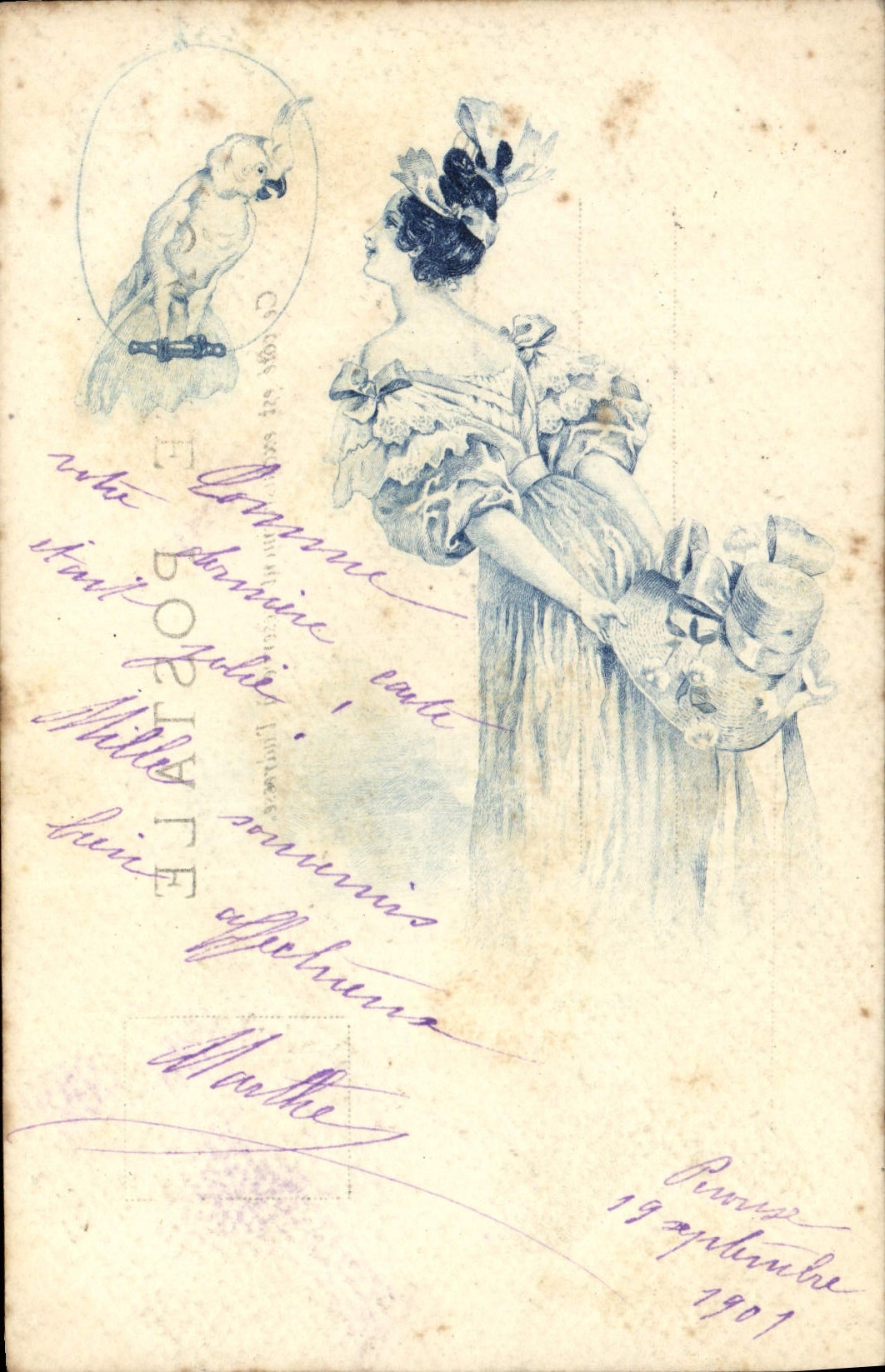 Postal Fantasia Ilustrador Mujer Loro