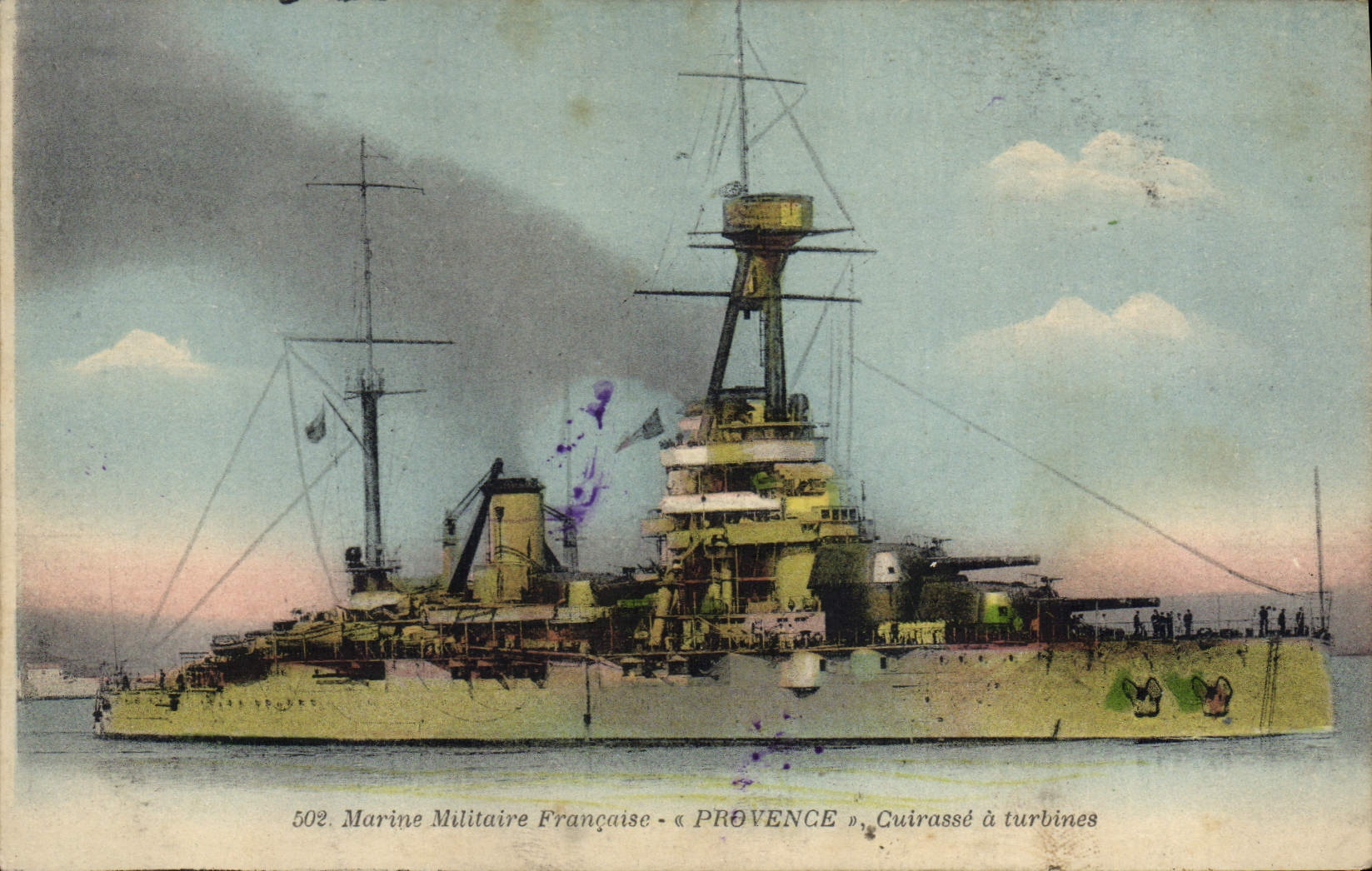 Vintage Postcard Warship Provence Cuirasse has turbines