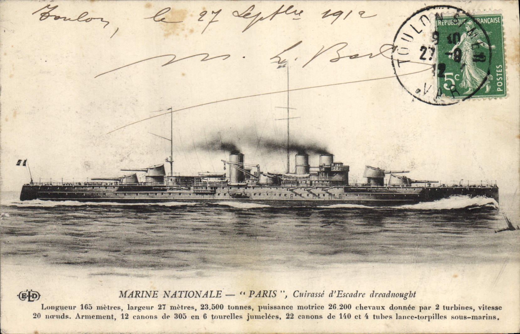CPA Bateau de Guerre Paris Cuirasse d'escadre Dreadnought