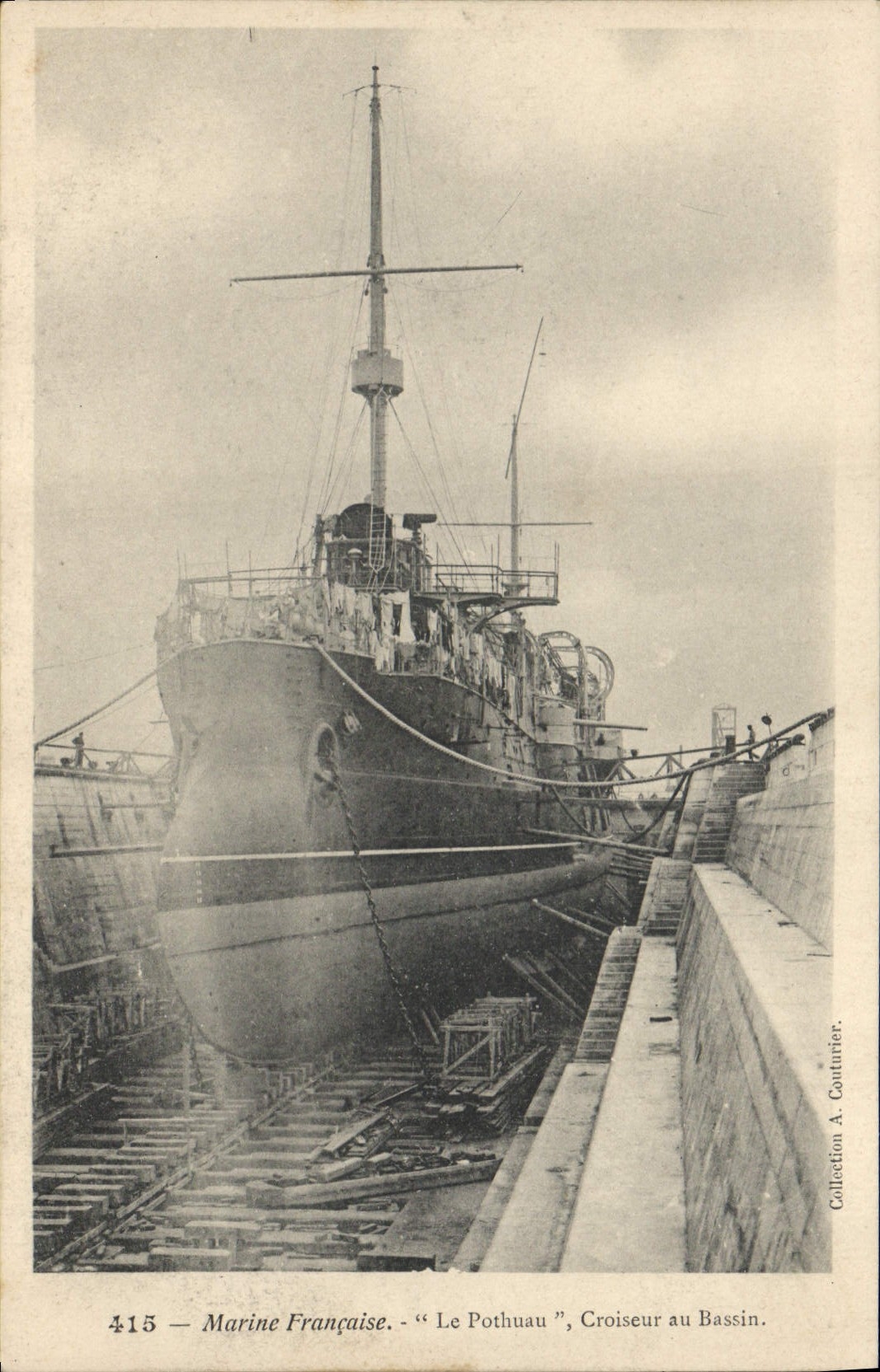 Vintage Postcard Warship Pothuau Cruiser with the basin