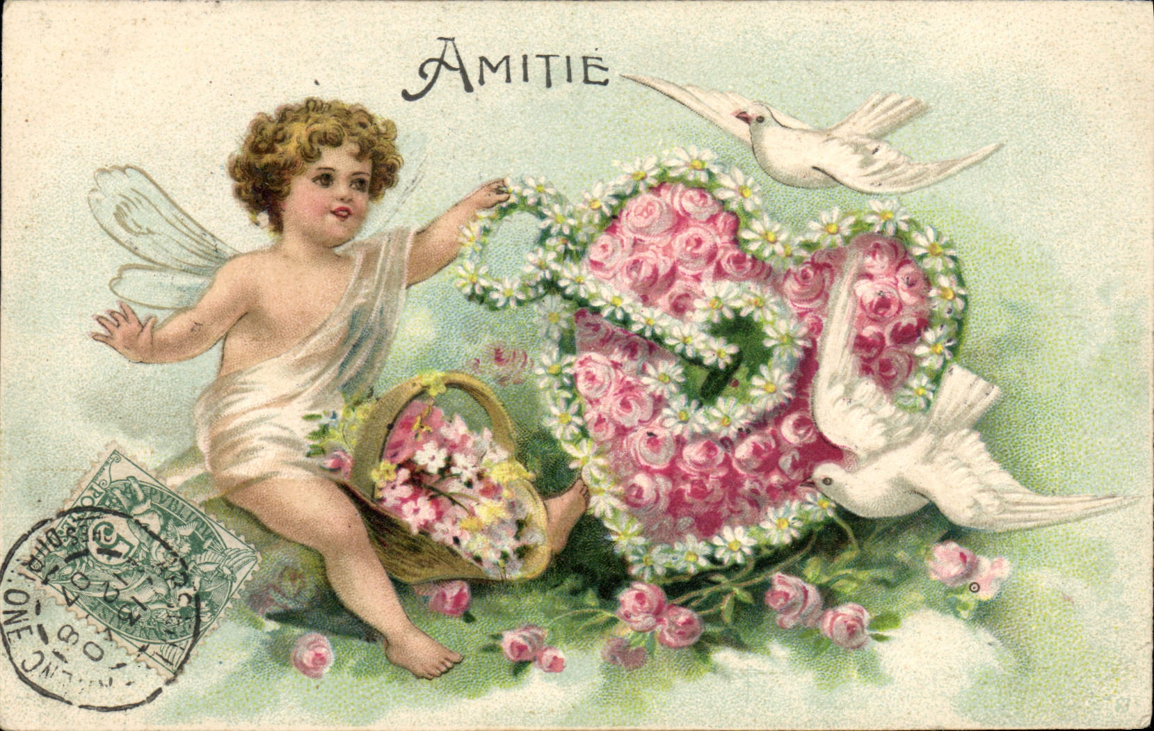 Vintage Postcard Fantasy Flowers Angel Doves