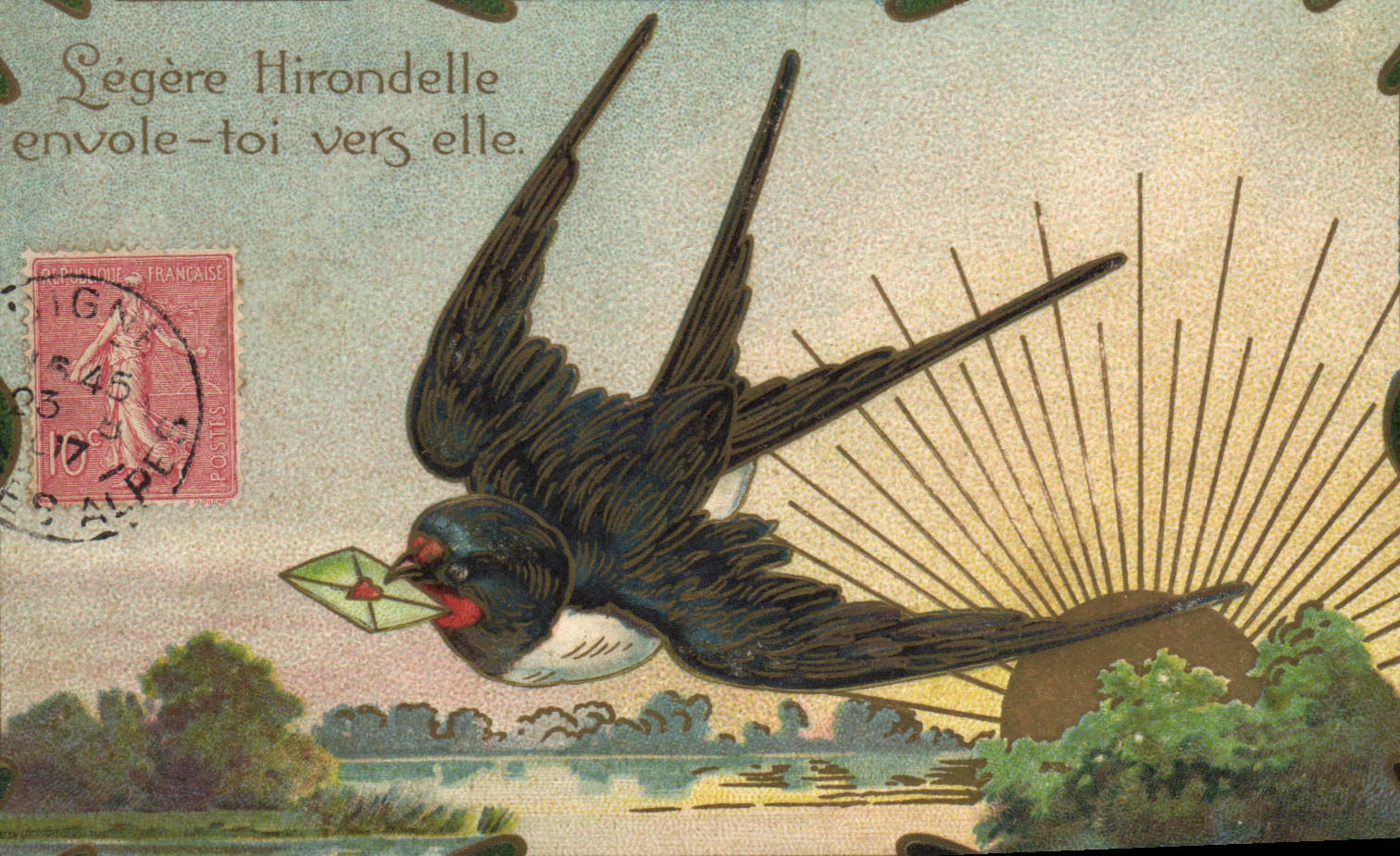 CPA Fantaisie Fleurs Hirondelle Soleil