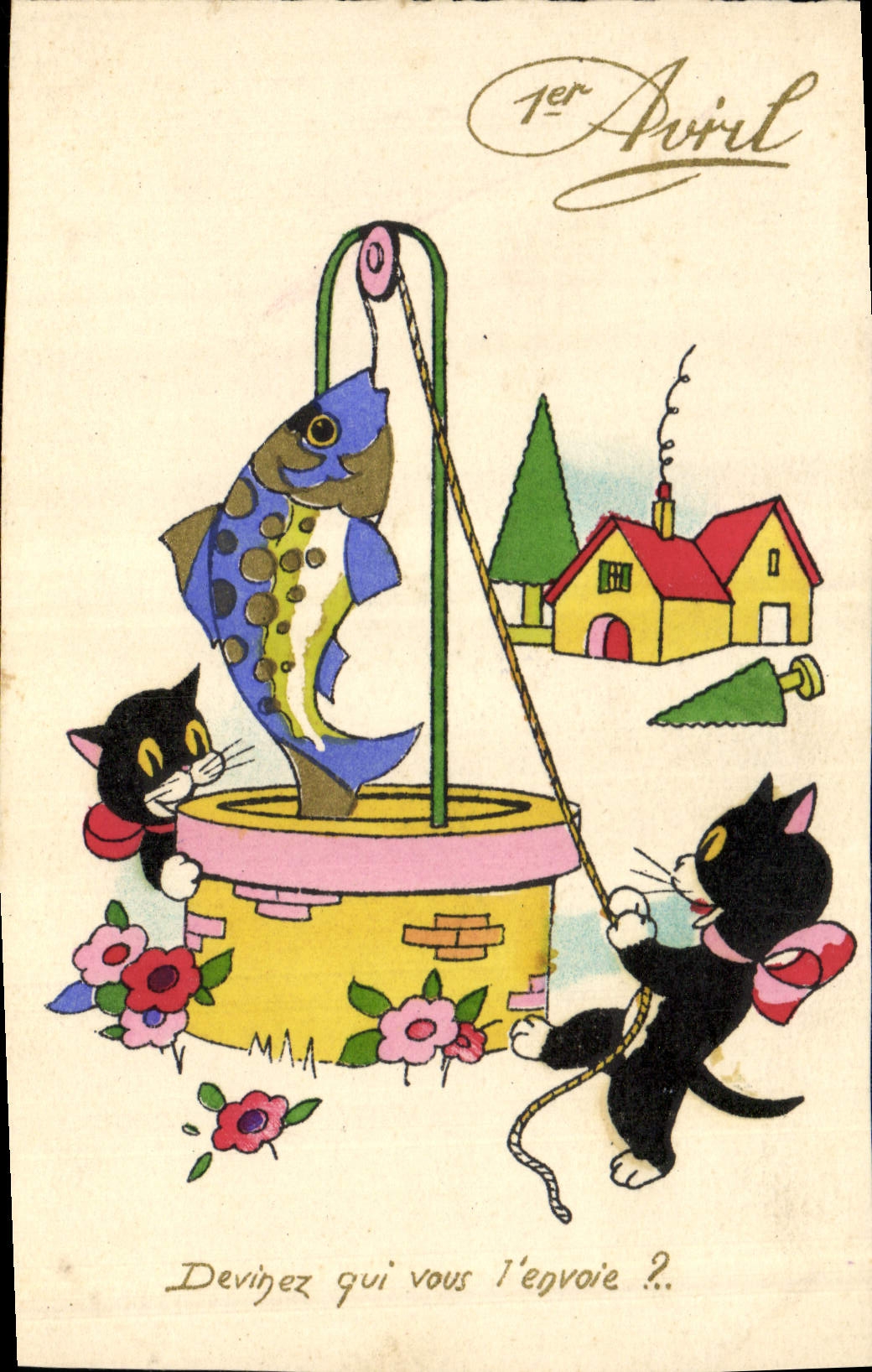 Vintage Postcard Fantasy Illustrator Cats Poisson April 1st