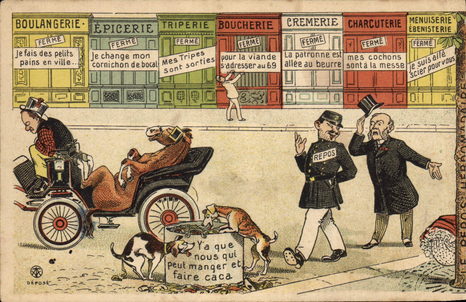 Postal Fantasia Ilustrador Panadería Ultramarinos Casquería carnicería Mantequería Policía Automóvil Caballo perro