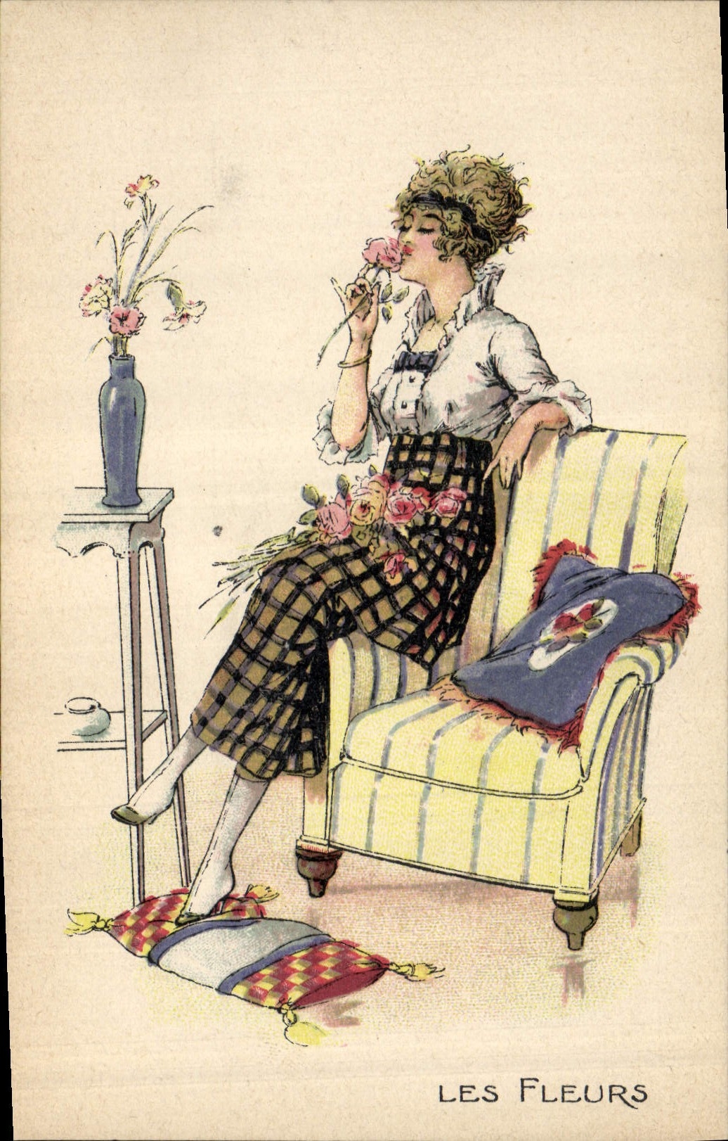 CPA Fantaisie Illustrateur Femme Les fleurs