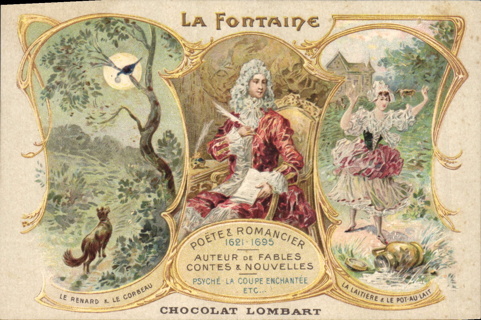 CPA La Fontaine Le renard et le corbeau La laitiere et le Pot au lait Chocolat Lombart
