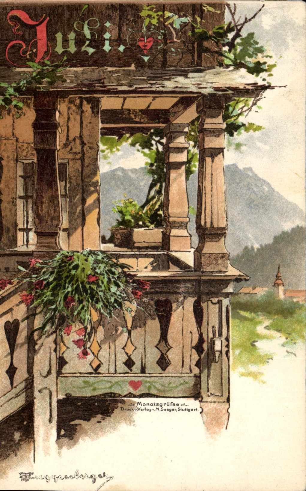 Vintage Postcard Fantasy Flowers Month Juli July