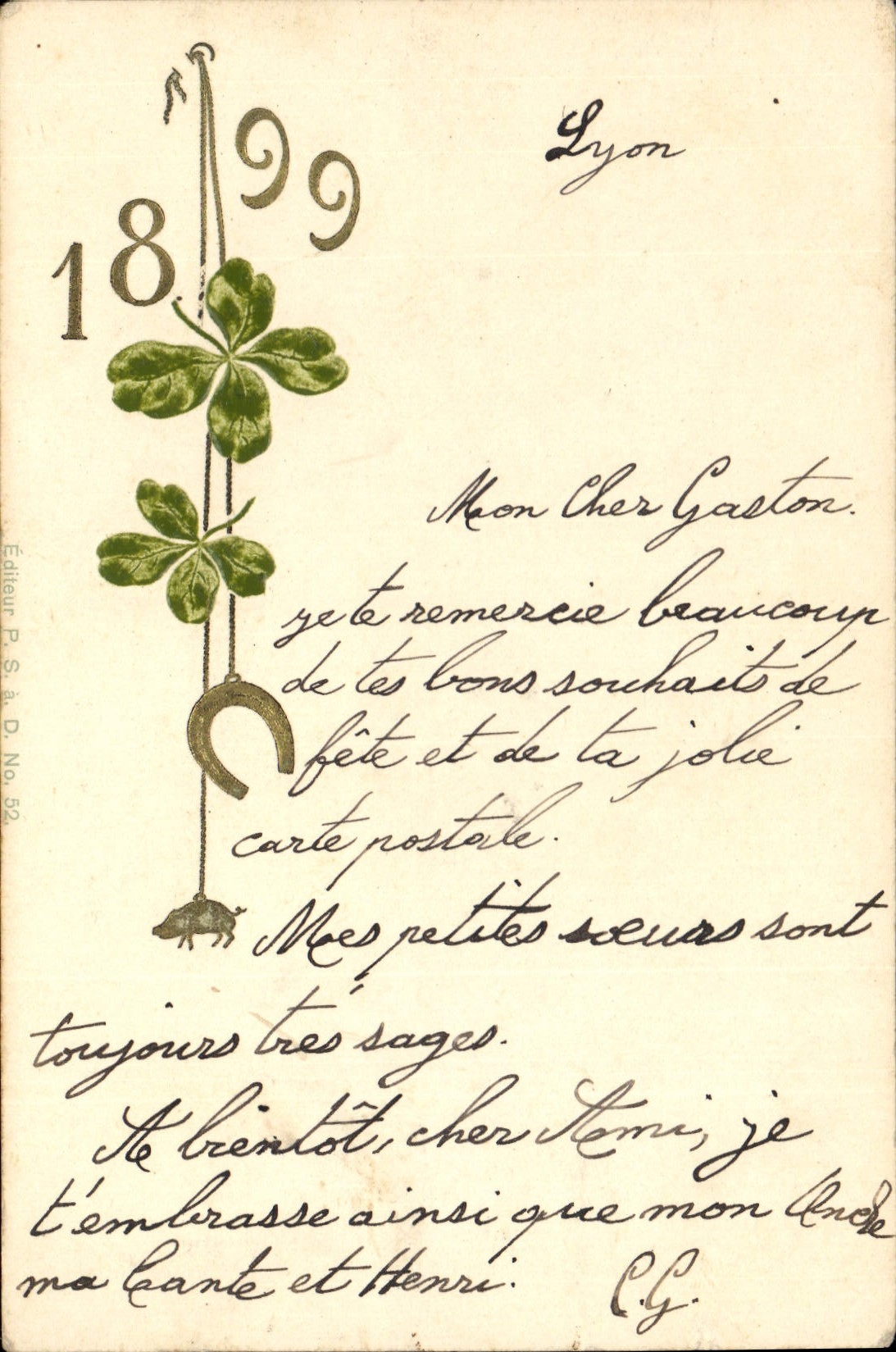 CPA Fantaisie Fleurs Annee 1899 RARE Fer a cheval Cochon Porc 