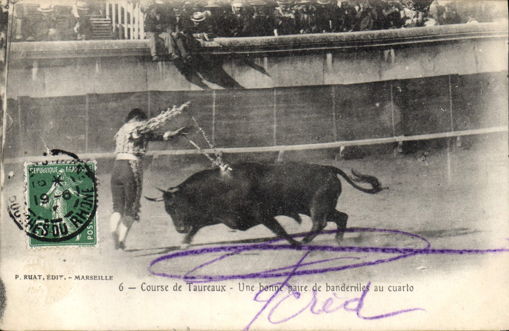 CPA Corrida Course de taureaux Une bonne paire de banderilles au cuarto 