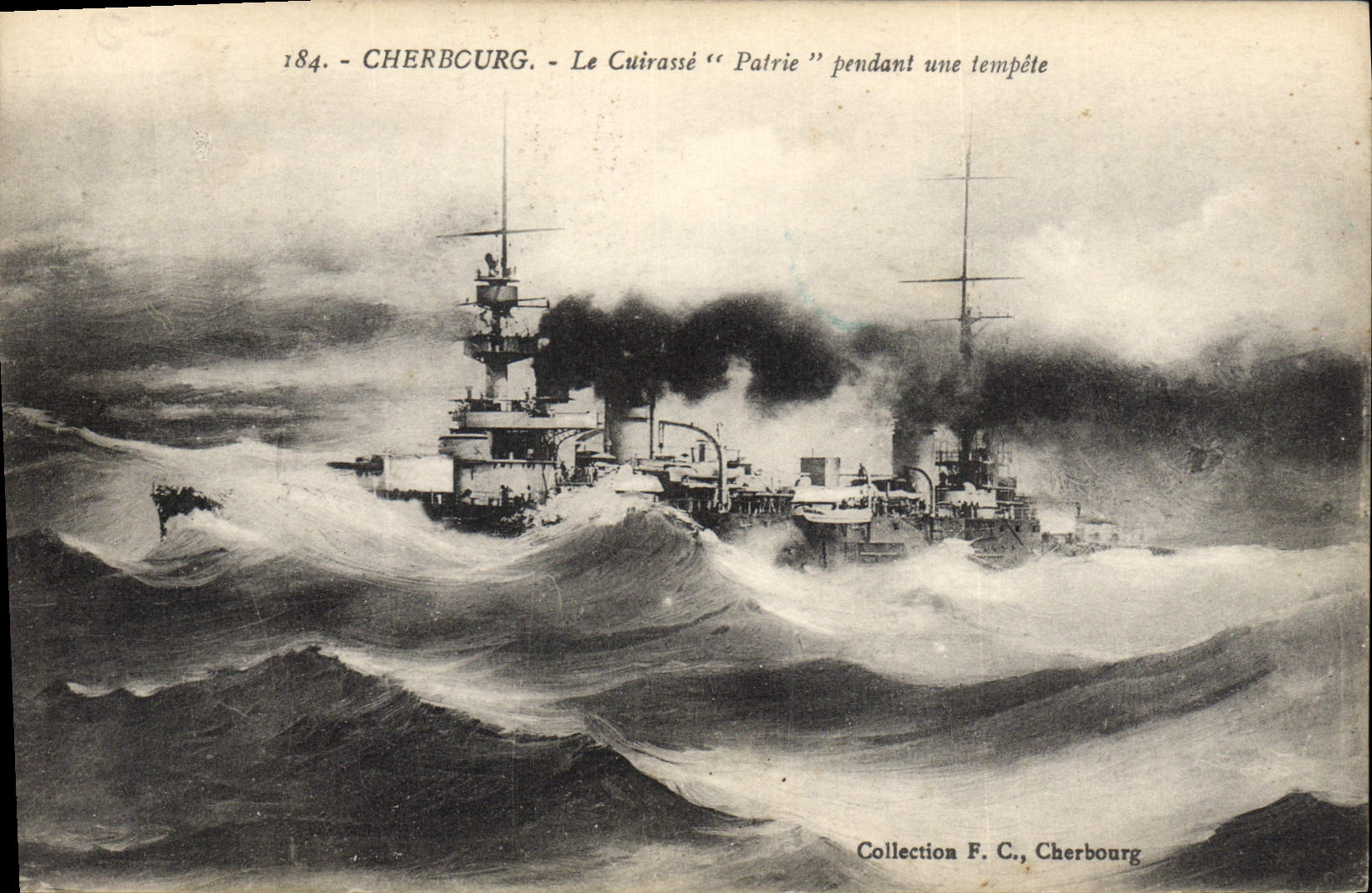 CPA Bateau de Guerre Cherbourg Le cuirasse Patrie pendant une tempete 