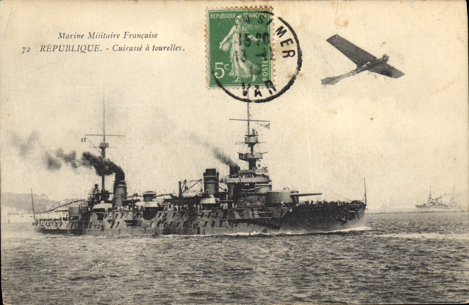 CPA Bateau de Guerre Republique Cuirasse a tourelles Avion Aviation 