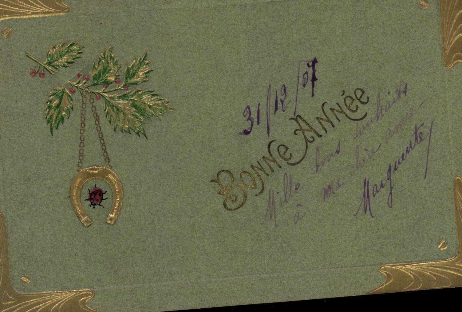 Vintage Postcard Fantaisie Flowers Horseshoe Coccinnelle