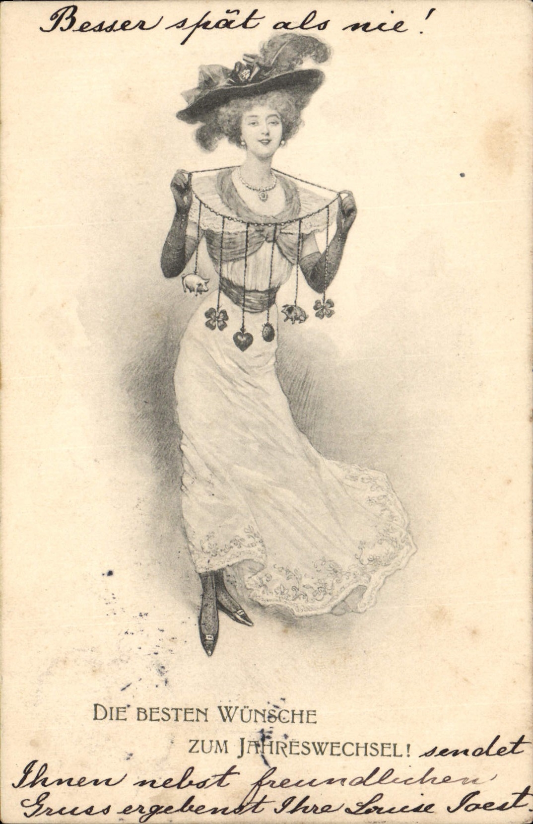 Vintage Postcard Fantasy Woman Pig Pig Clover