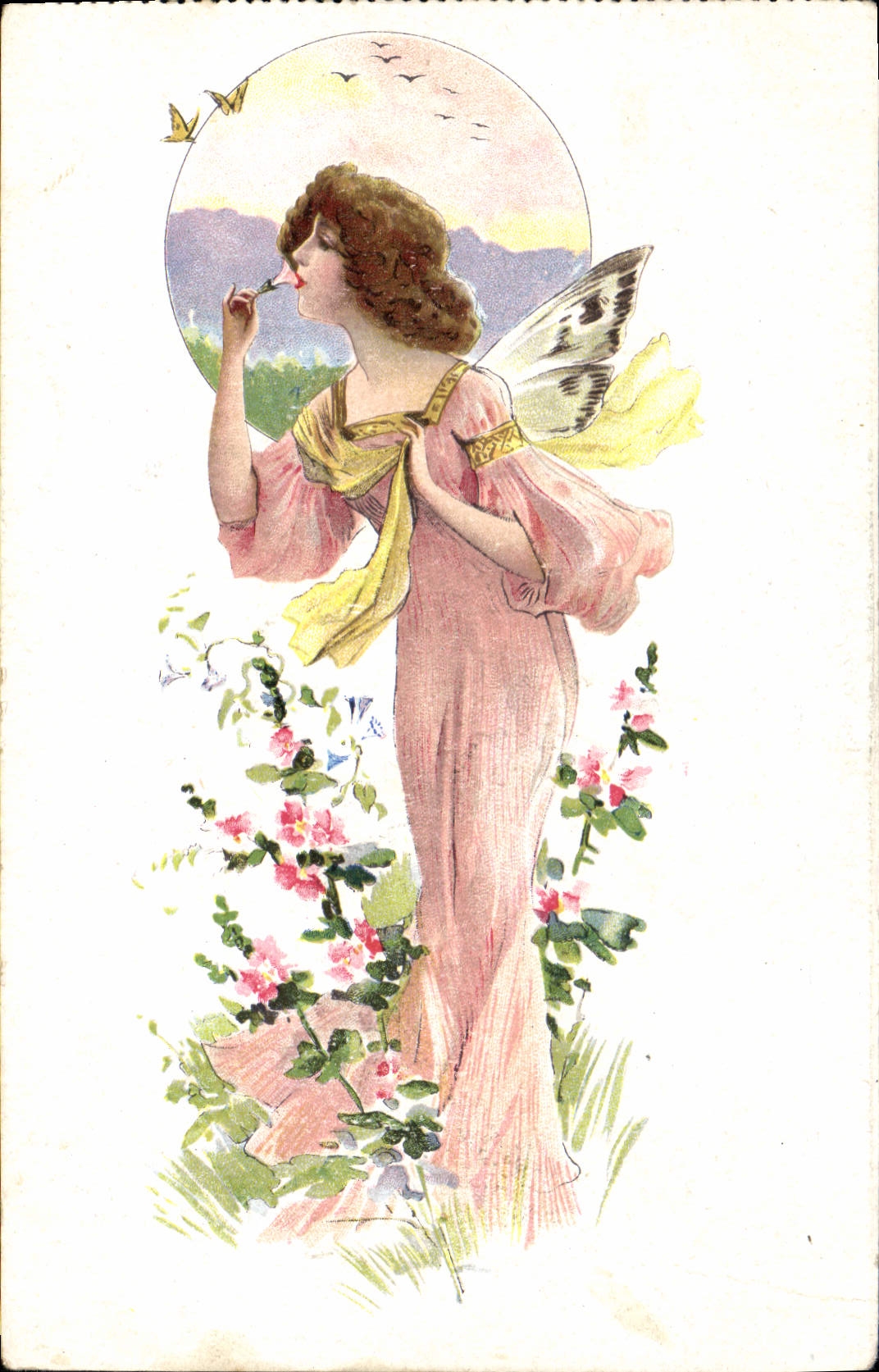 Vintage Postcard Fantasy Woman Angel Butterfly