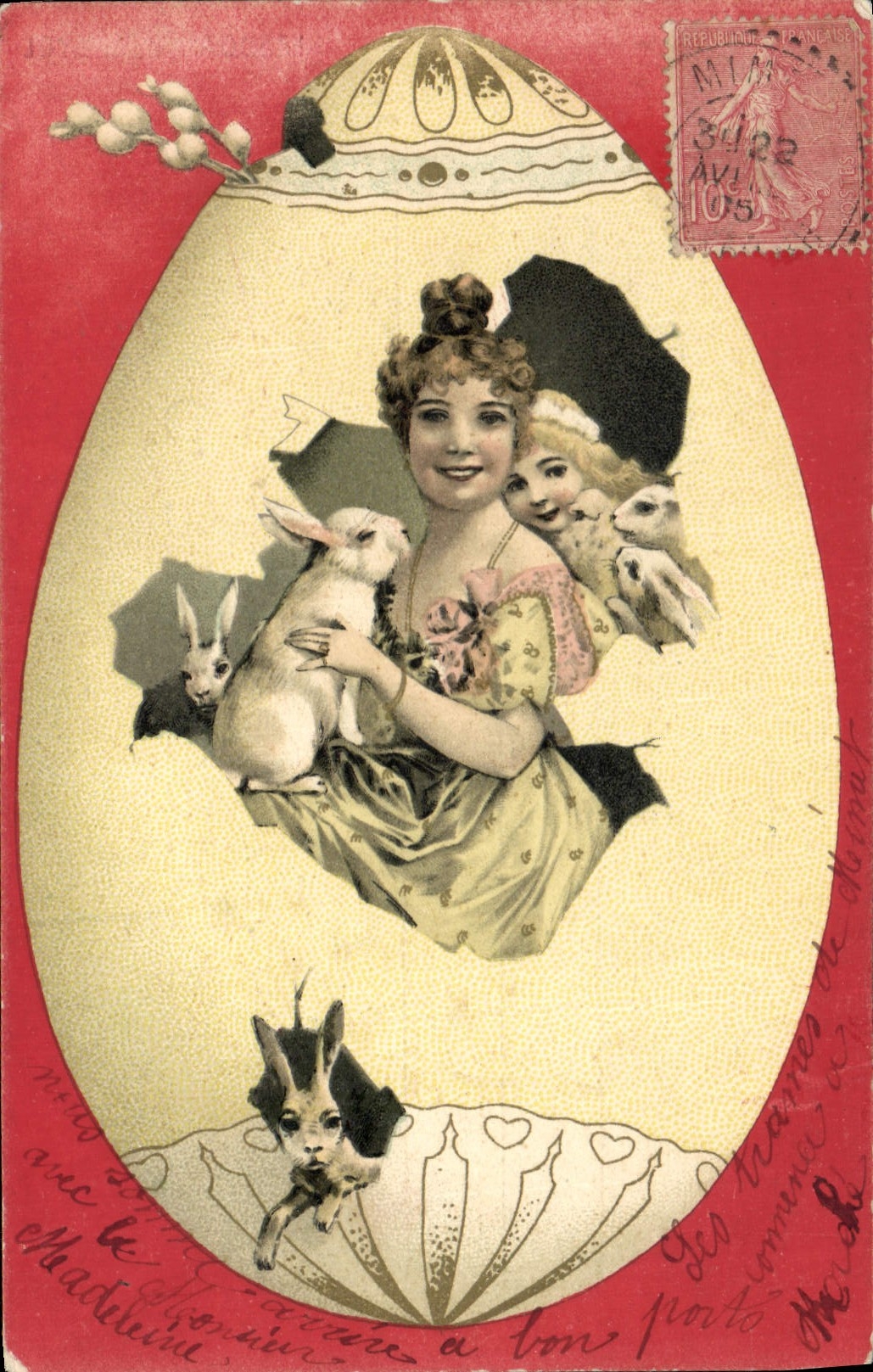Vintage Postcard Fantasy Child wife Rabbits egg