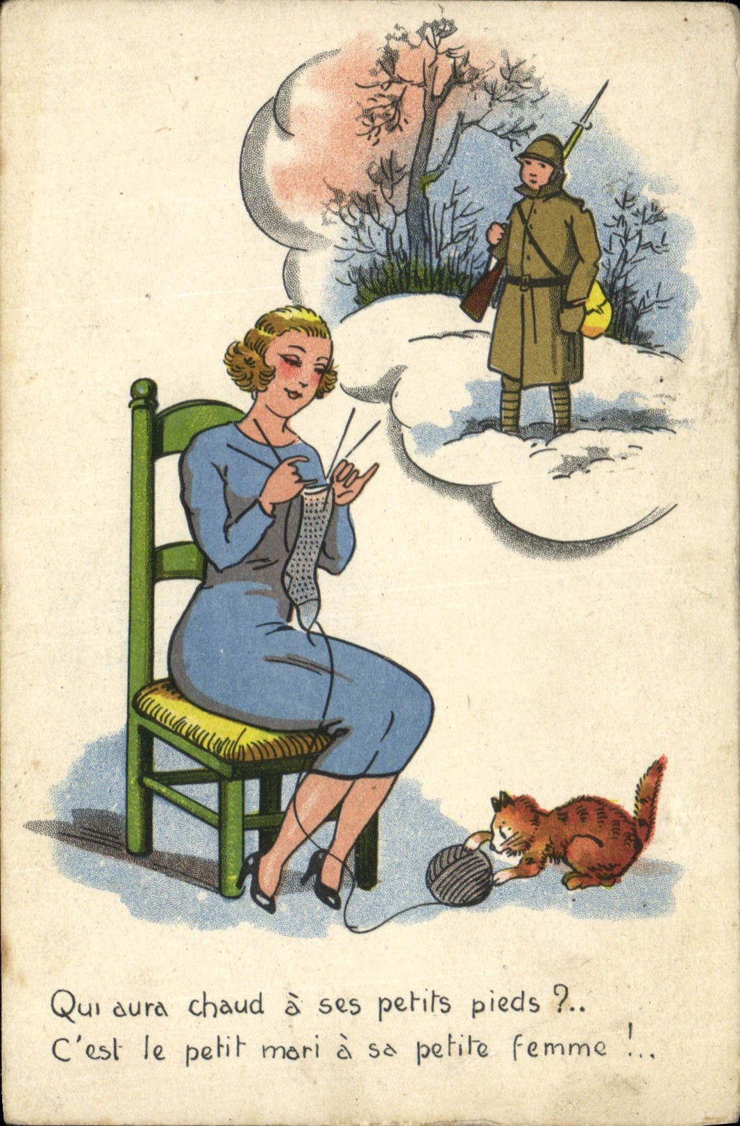 Vintage Postcard Fantasy Woman Soldier Militaria Cat Kitten