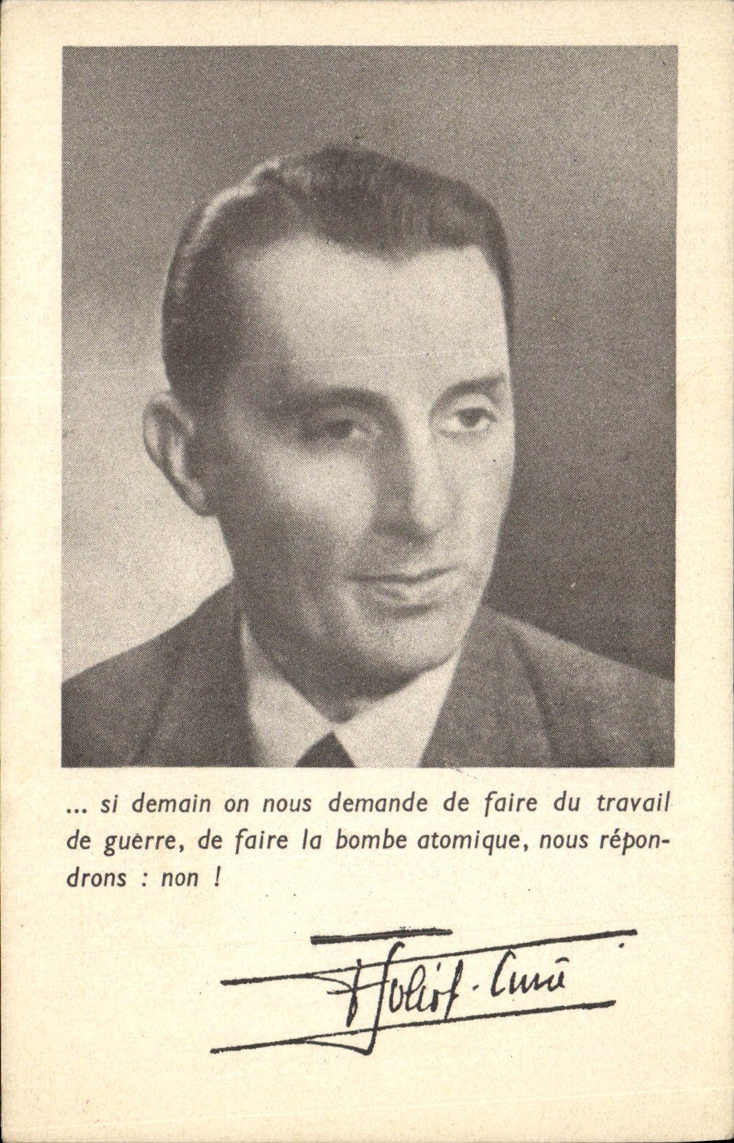 Vintage Postcard Declaration of Joliot Currie Nobel Prize to the World congress of the Partisans of Peace