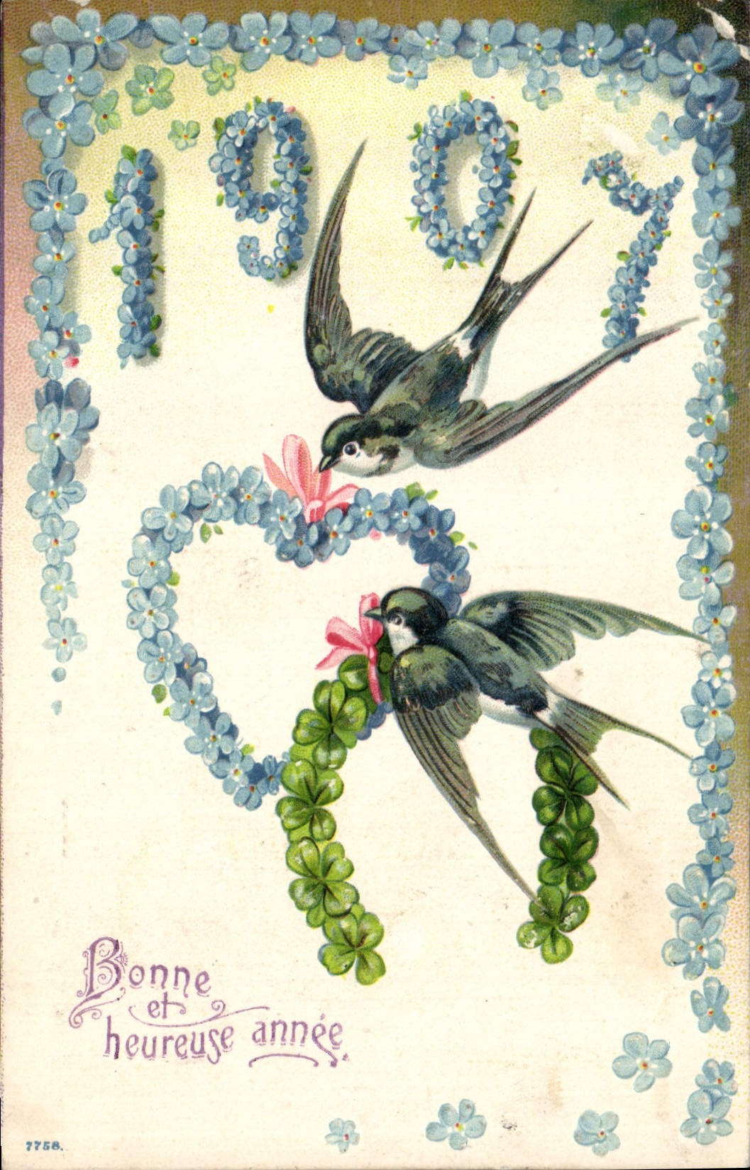 CPA Fantaisie Annee 1907 Fleurs Hirondelles Fer a cheval