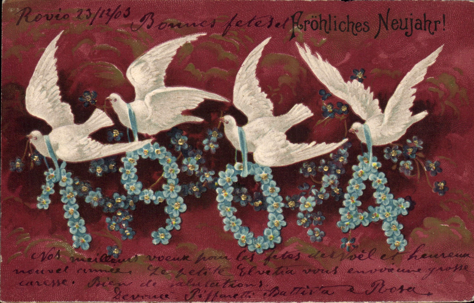 Vintage Postcard Fantasy Year 1904 Doves Flowers