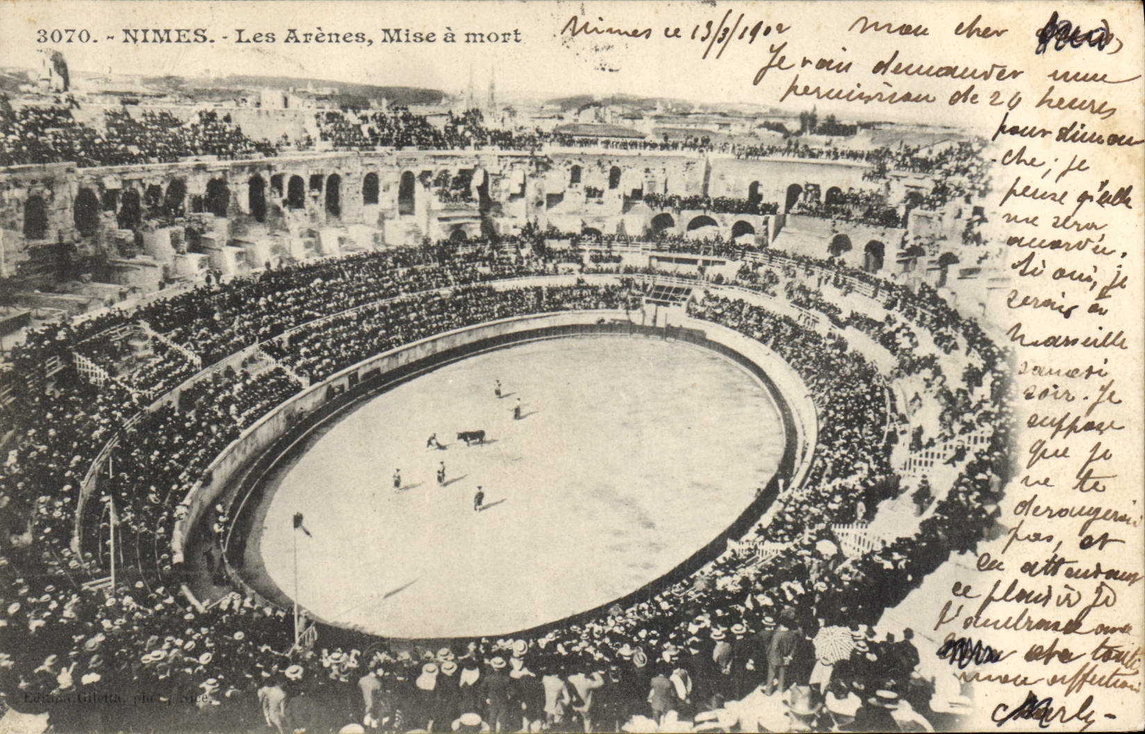 Postal Corrida Corrida de toros Nimes las arenas Puesta se murieron