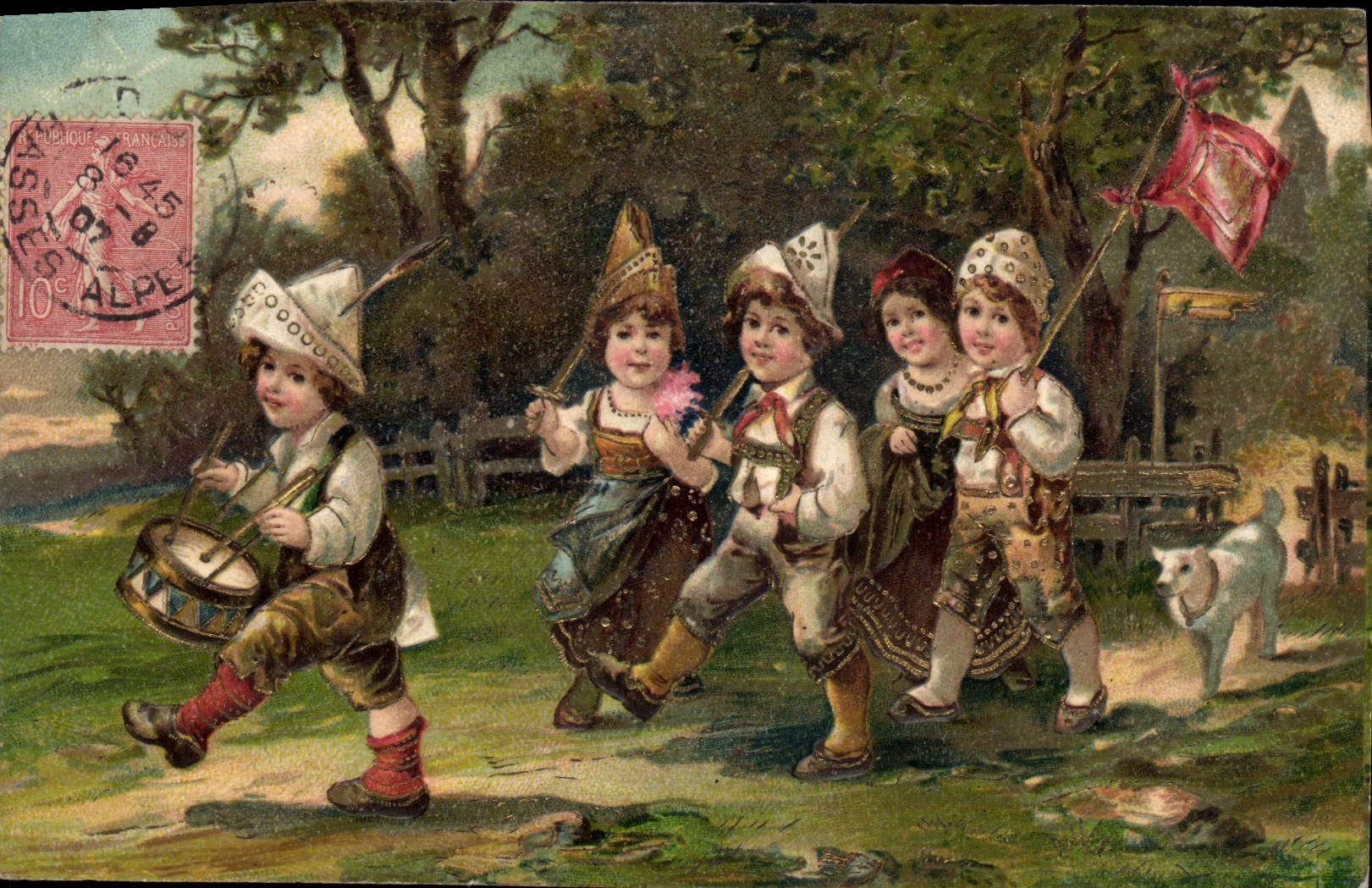 Vintage Postcard Fantasy Children Drum Dog