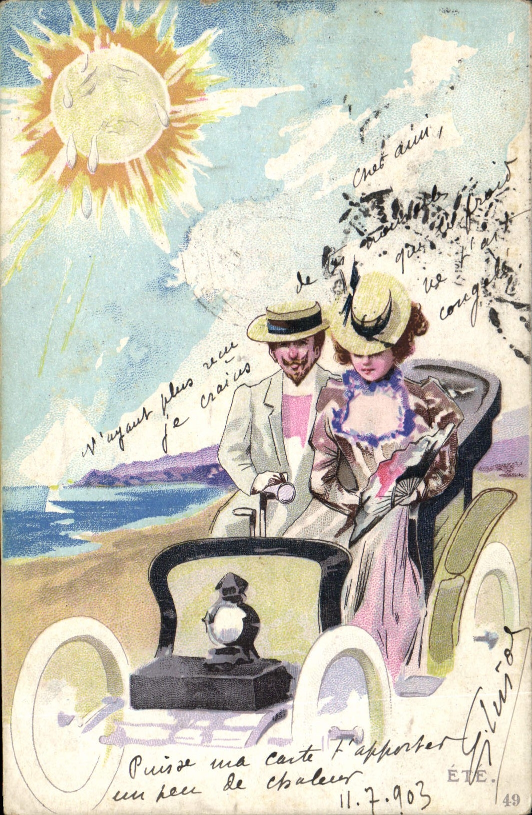 Vintage Postcard Fantasy Automobile Illustrator Woman Sun Be