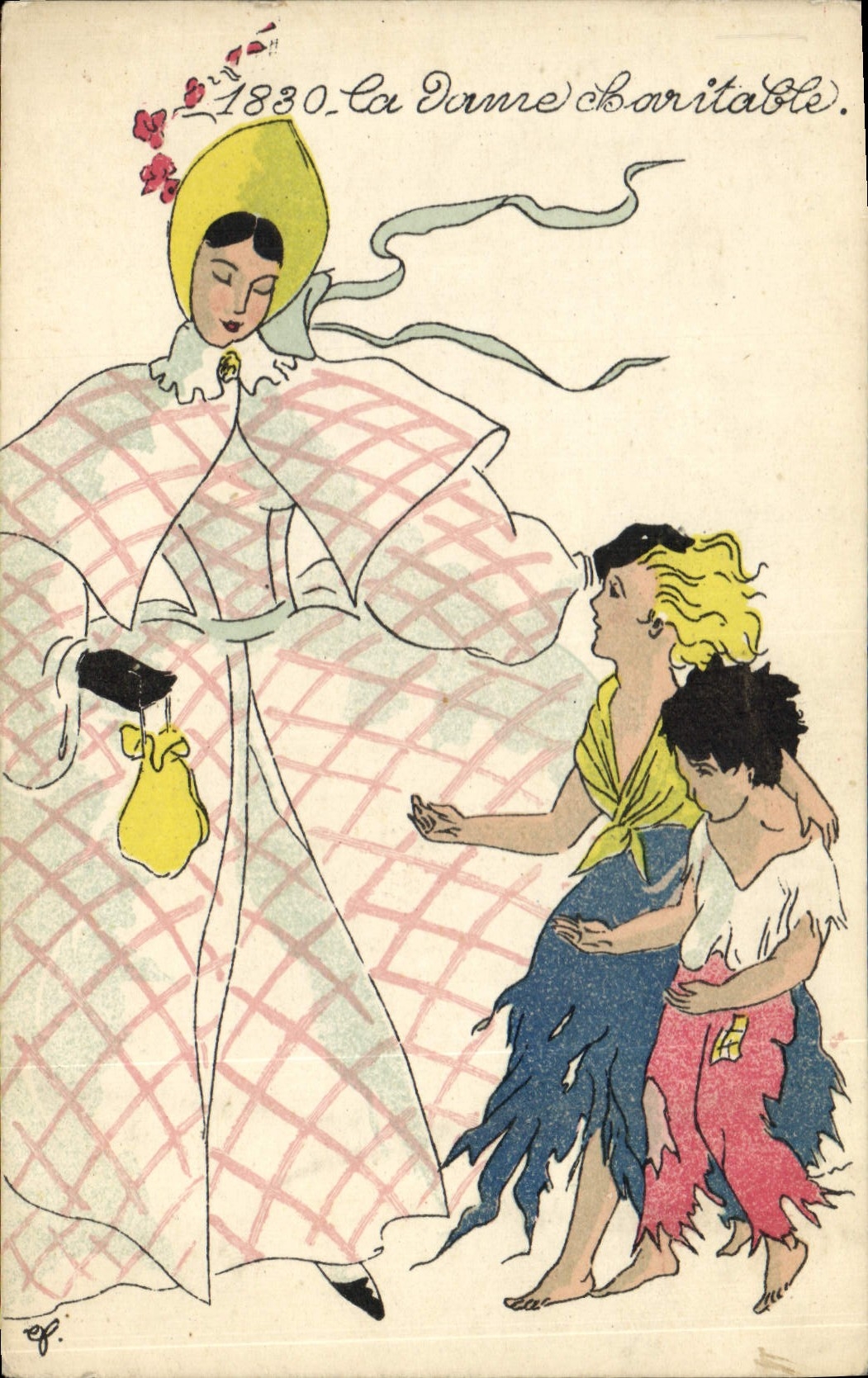 Vintage Postcard Fantasy Illustrator Mode the 1830 charitable lady Children Woman