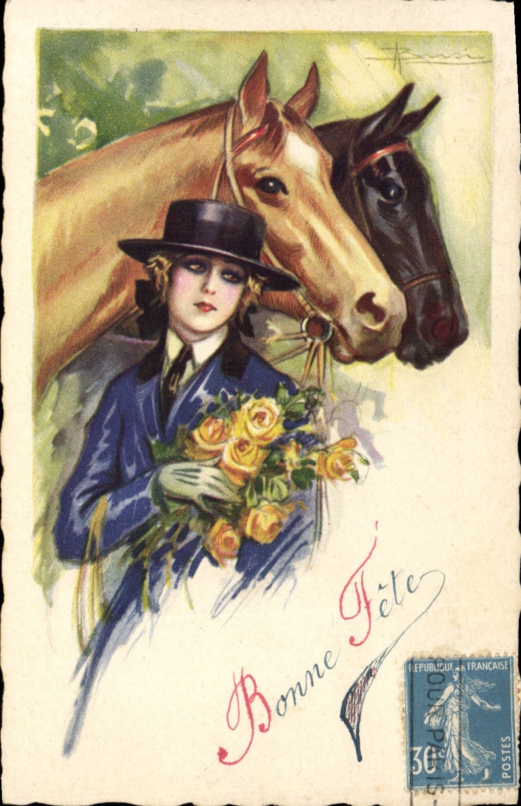 Postal Equitación Hípica Caballo Mujer Buena fiesta