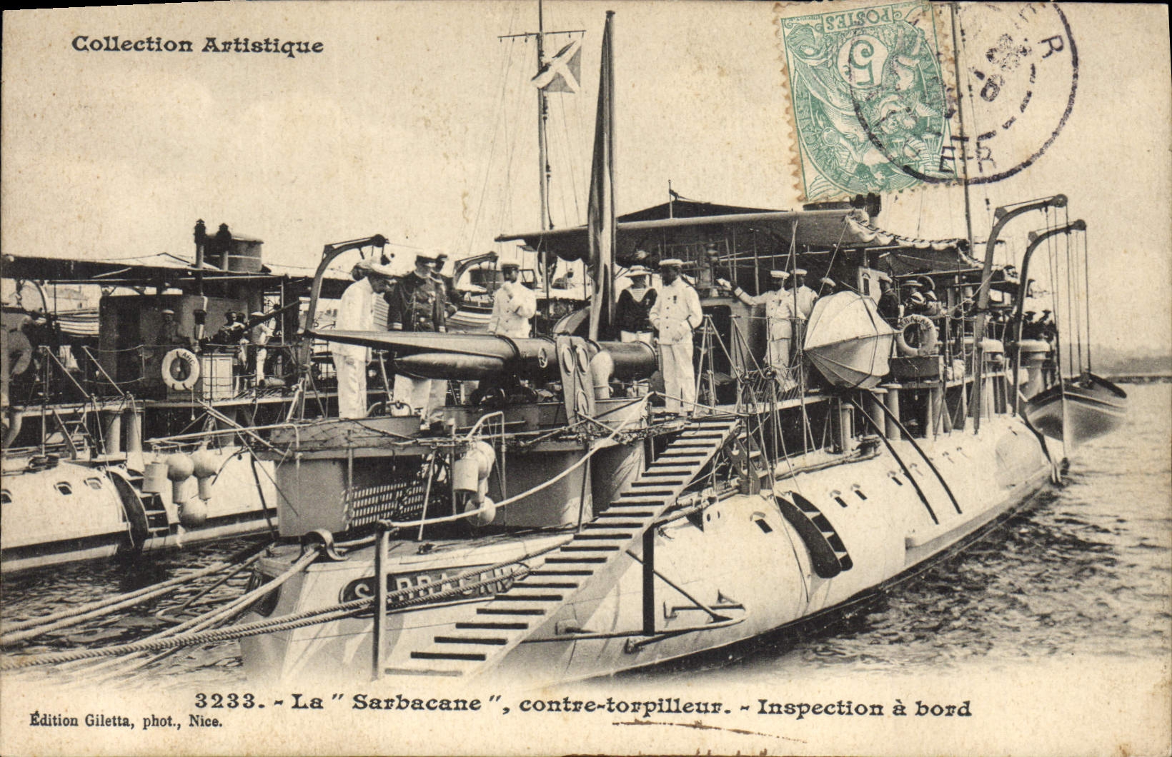 CPA Bateau de Guerre La Sarbacane Contre torpilleur Inspection a bord