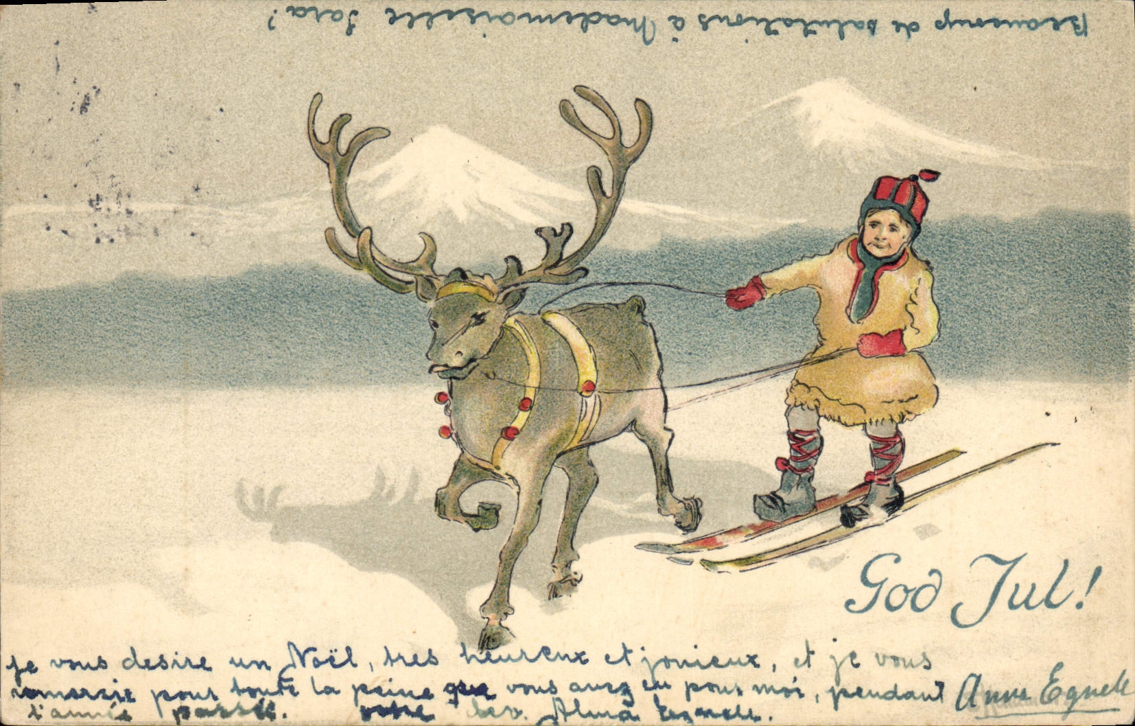 Vintage Postcard Fantasy Child Reindeer Ski