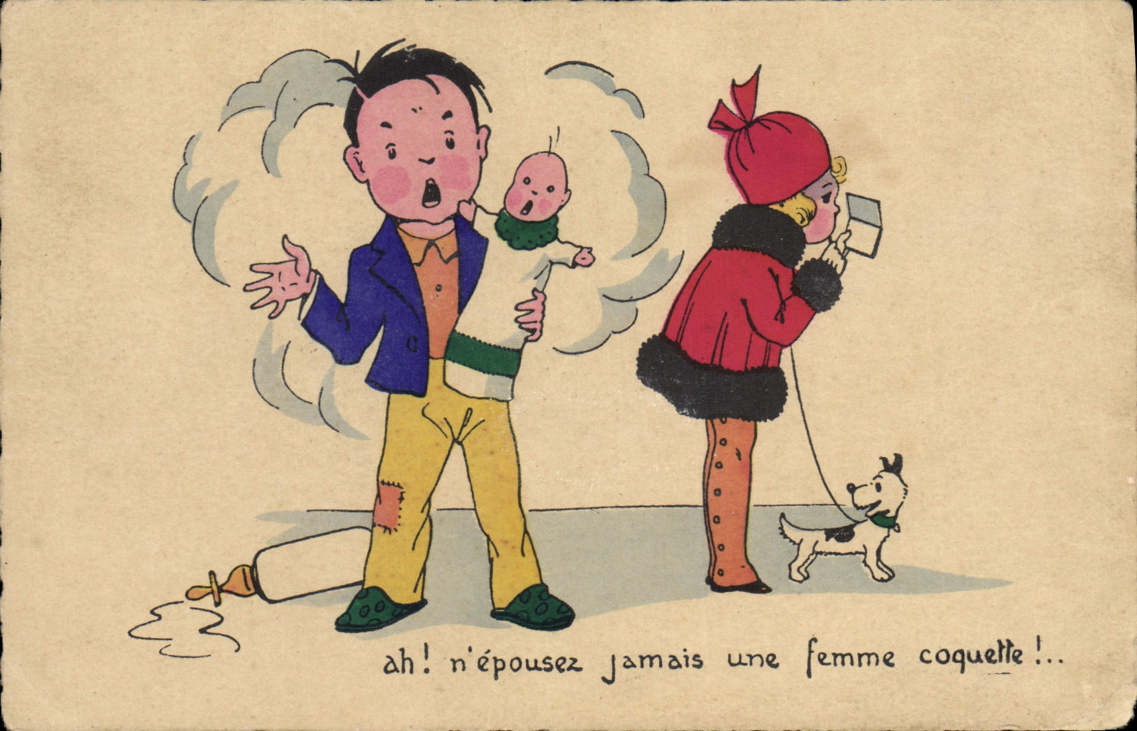 CPA Fantaisie Enfants Femme coquette Chien Bebe Enfant 