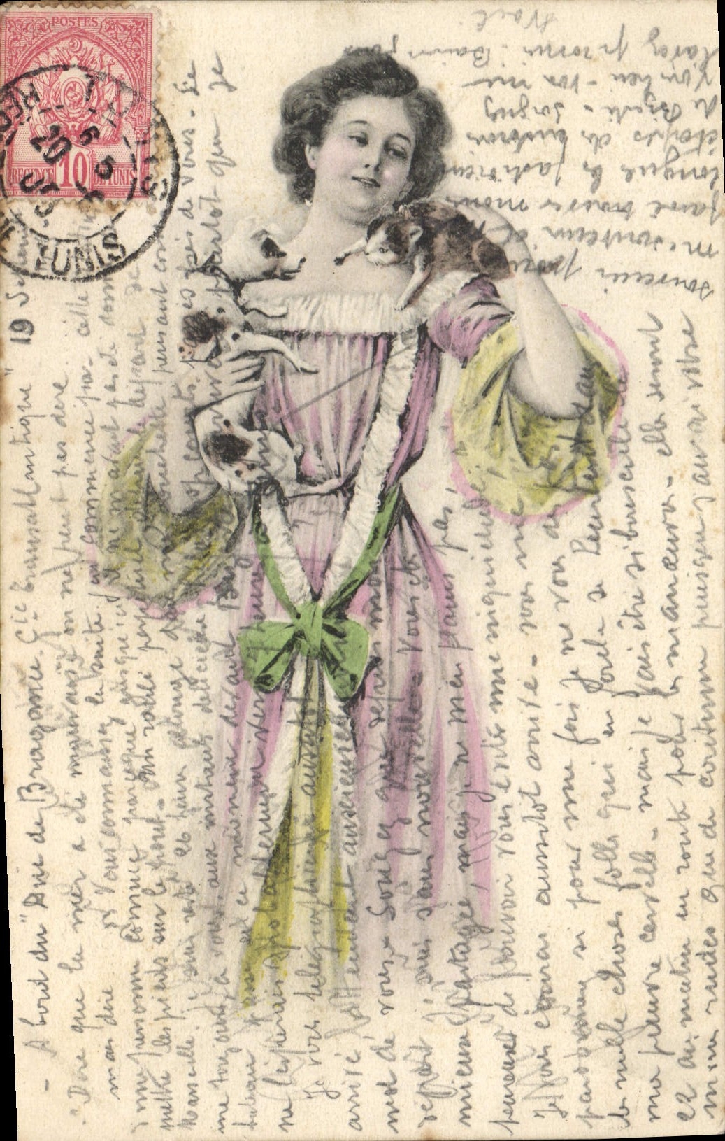 Vintage Postcard Fantasy Woman Cat Dog