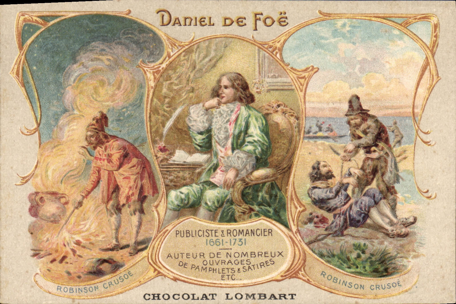 Postal Daniel de Foe Robinson Crusoe Publicista y novelista Chocolate Lombart