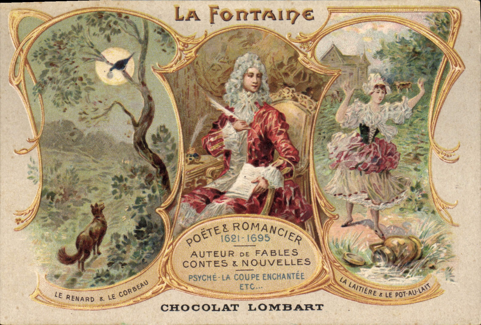 Postal la Fuente el zorro y el cuervo la lechera y el pote a la leche Poeta y novelista Chocolate Lombart