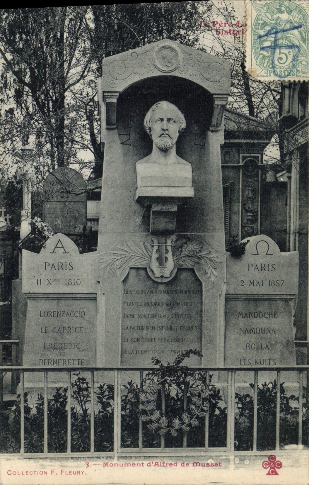 Vintage Postcard Paris Father Lachaise Monument of Alfred de Musset