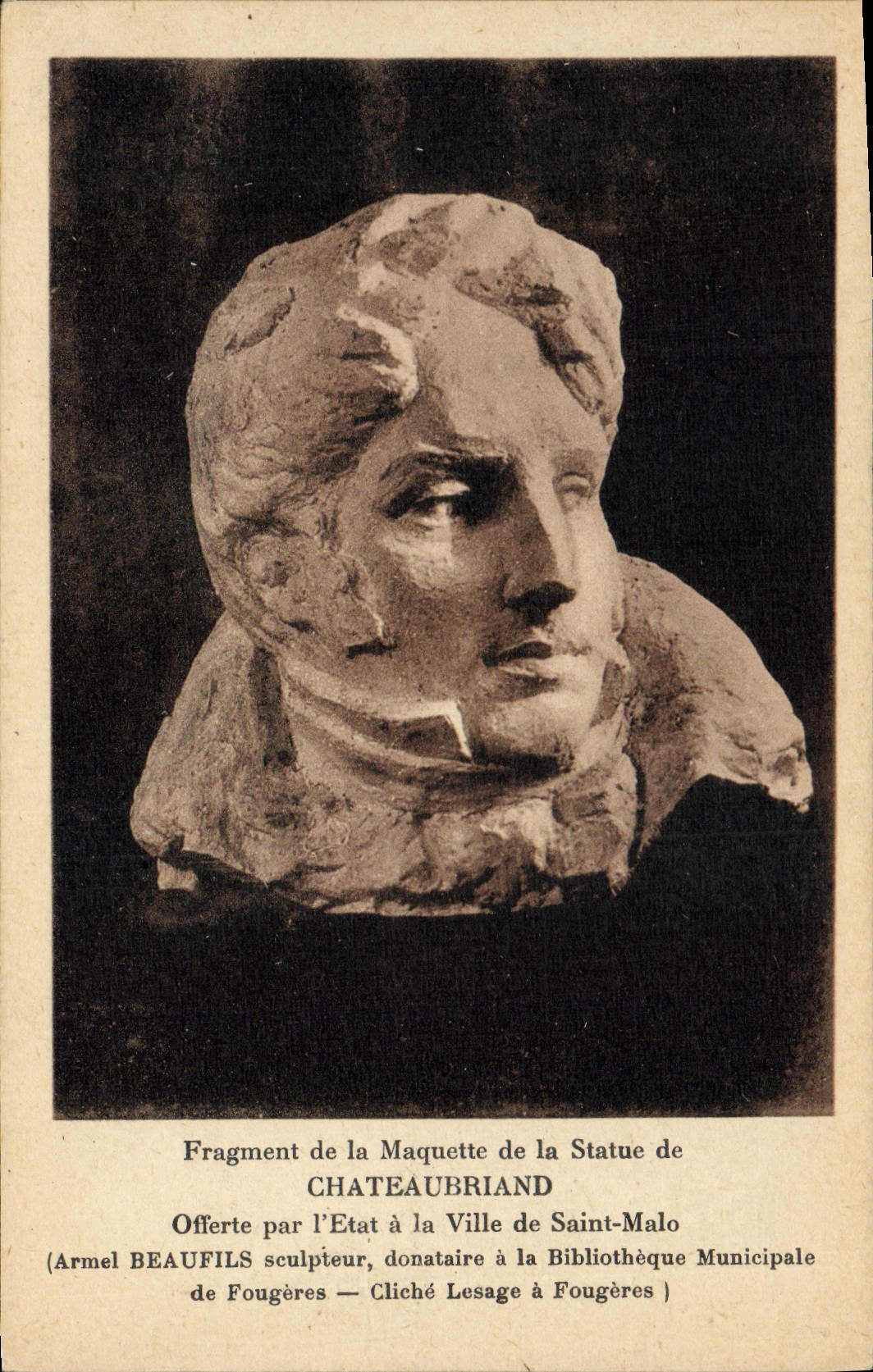 Vintage Postcard Fragment of the model of the statue of Chateaubriant offered by the State has the town of Malo Saint
