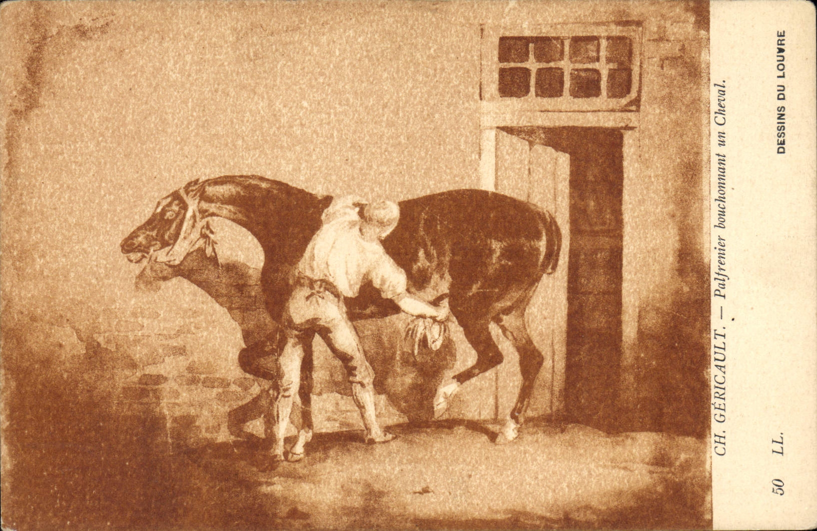 Postal Caballo Equitación Hípica Gericault Palfrenier que cepilla a un caballo Dibujos del Louvre París