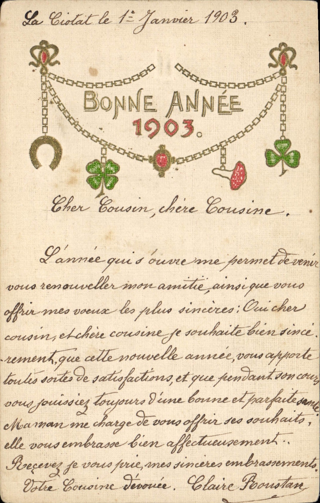 Vintage Postcard Fantaisie Flowers Year 1903 Horseshoe Trefle (chart toilee)