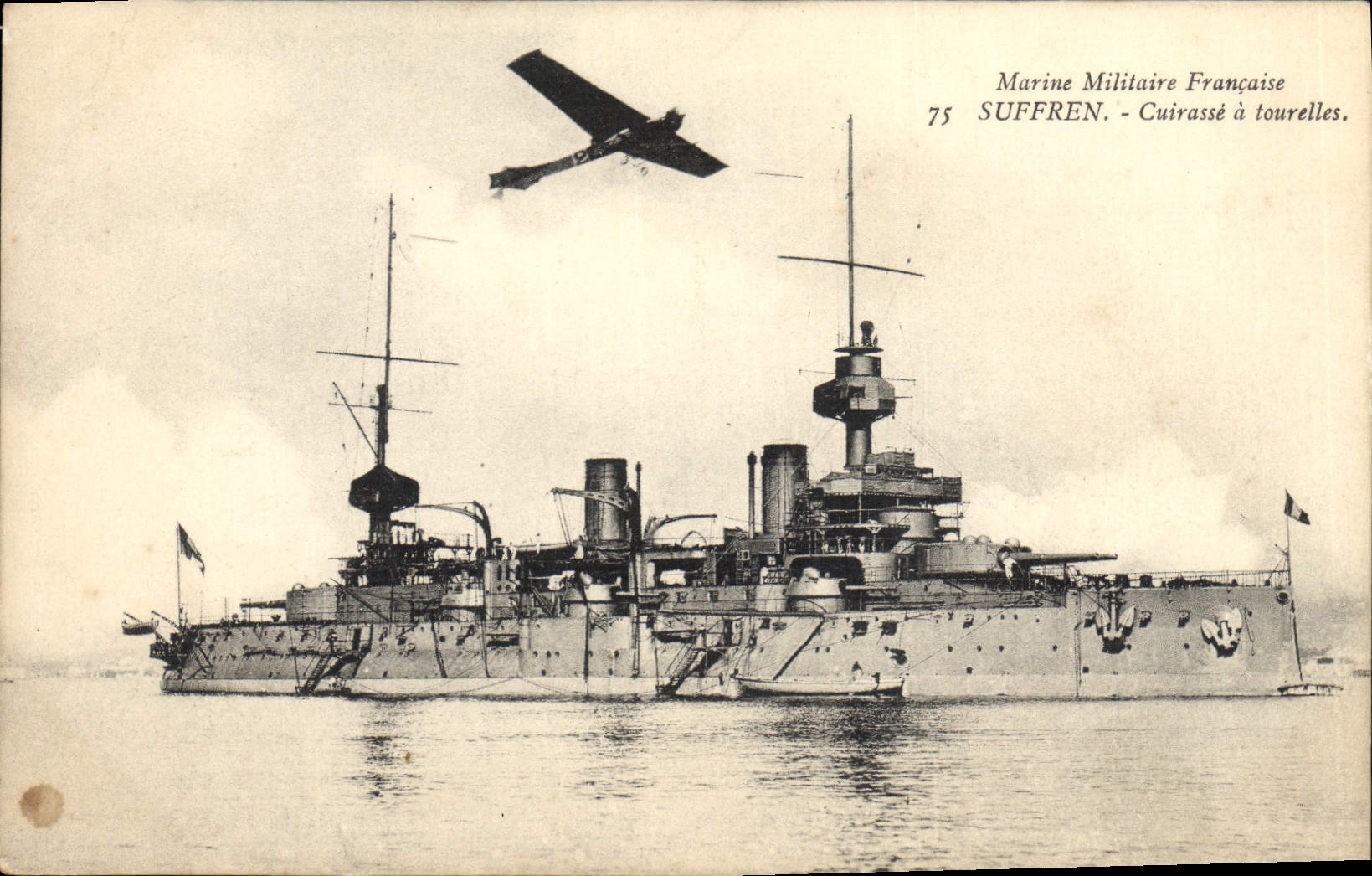 CPA Bateau de Guerre Suffren Cuirasse a tourelles Avion Aviation 