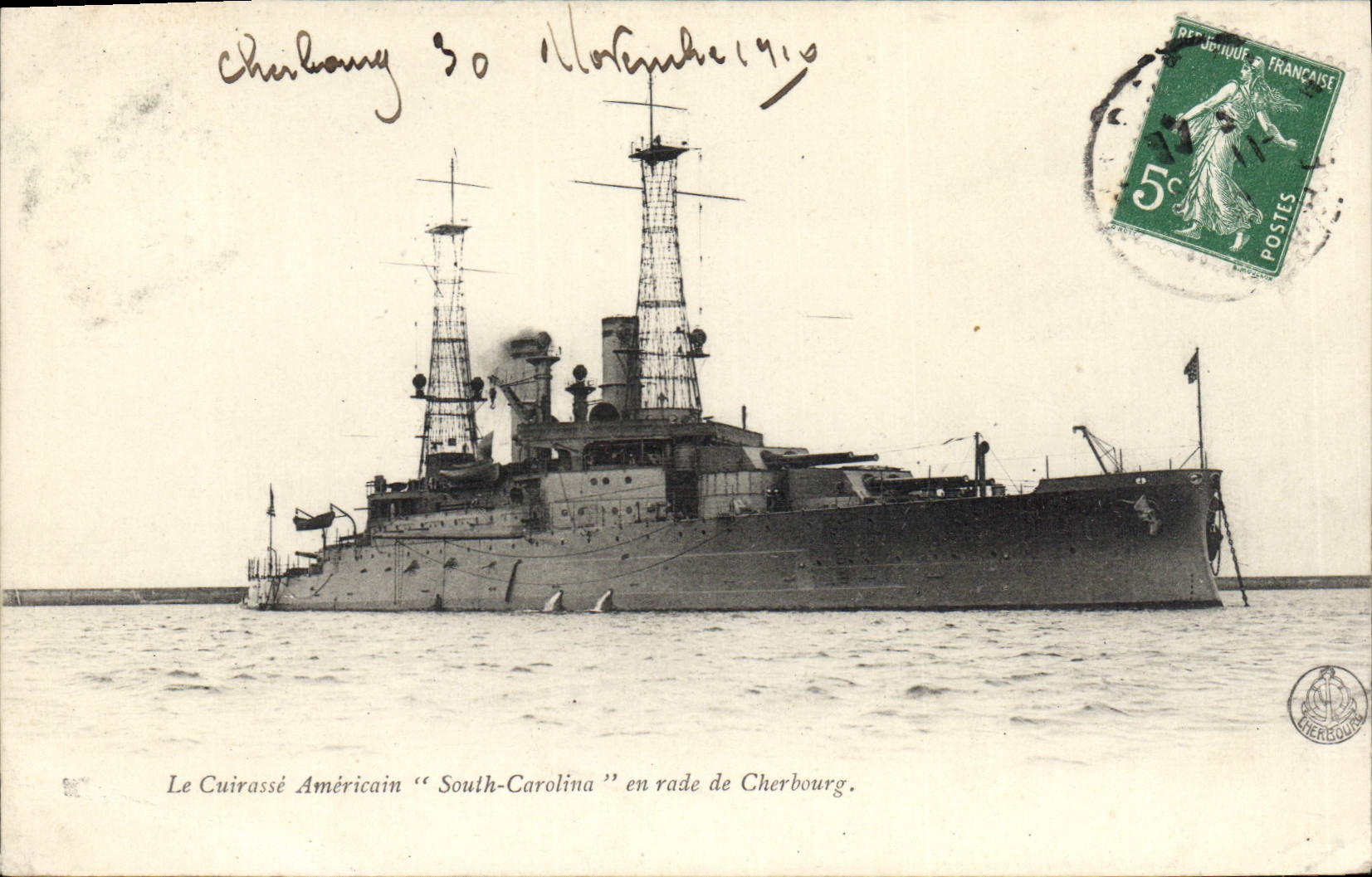 Vintage Postcard Warship armours It American South Carolina in roads of Cherbourg
