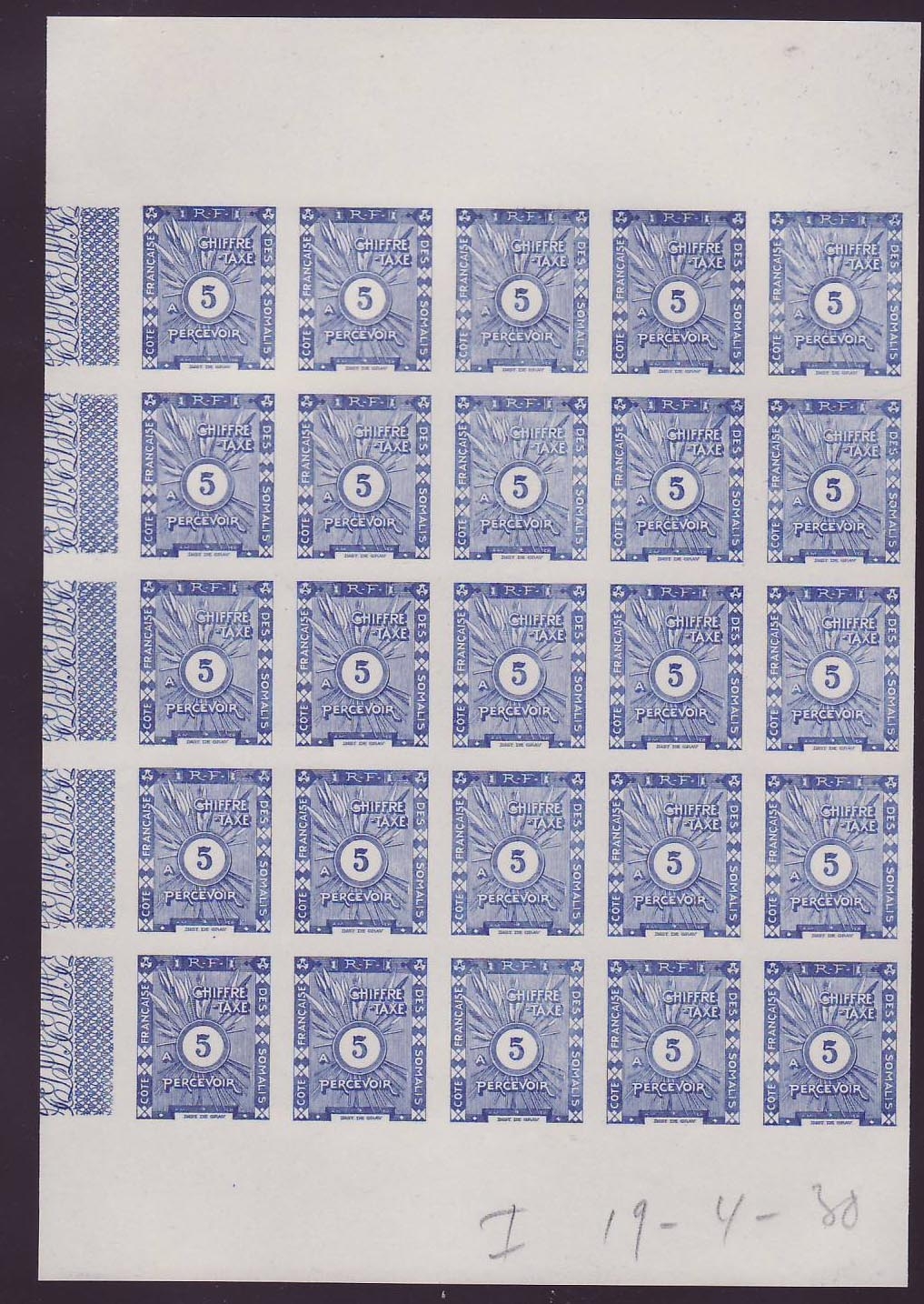 Cote des Somalis Feuillet de 25 Timbre Taxe 5c