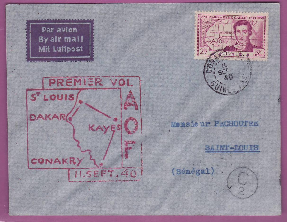 Lettre Cover Guinee 1er vol 1st Flight Conakry Kayes St Louis 10 sept 1940 pour Saint Louis Senegal