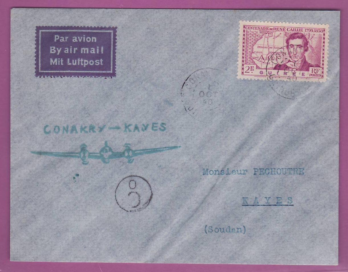 Lettre Cover Guinee 1er vol 1st Flight Conakry Kayes 1 oct 1940 Soudan