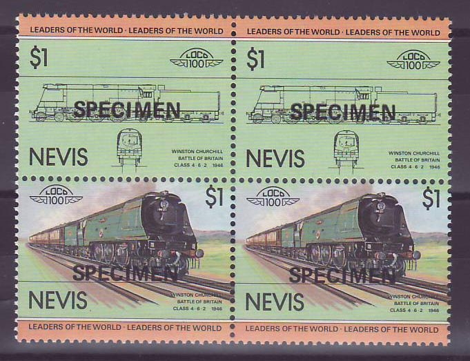 Nevis 1$ Train Winston Churchill 4-6-2 1946 Surcharge Specimen ** Luxe Bloc de 4
