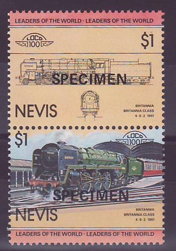 Nevis 1$ Britannia Train 4-6-2 1951 Surcharge Specimen ** Luxe