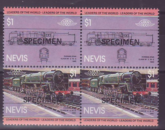 Nevis 1$ Train Evening Star 1960 surcharge SPECIMEN ** Luxe Bloc de 4