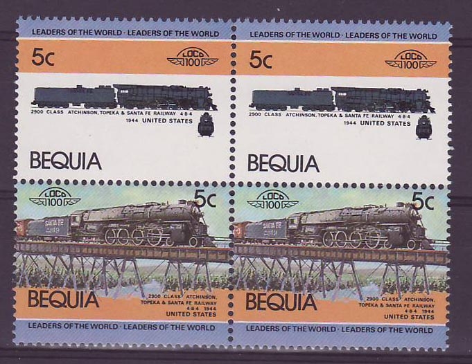 Bequia 5c Train Atchinson Topeka & Santa Fe 1944 ** Luxe Bloc de 4